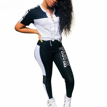 

2020 Letter Print 2 Piece Set Women Casual Patchwork Tracksuit Summer Streetwear Drawstring Crop Top + Pants Set Fashion Outfits