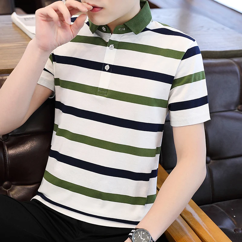 

Summer new men's cotton polo shirt T-shirt youth casual men's short sleeve fashion Stripe Polo Shirt versatile summer top