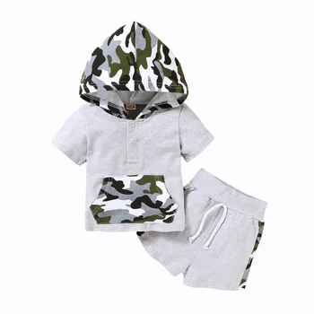 

Pudcoco Fast Shipping 0-4Yeasr Toddler Baby Boy Clothing Set Short Sleeve Camou Printed Hooded Gray Top Pants 2Pcs Outfit Set