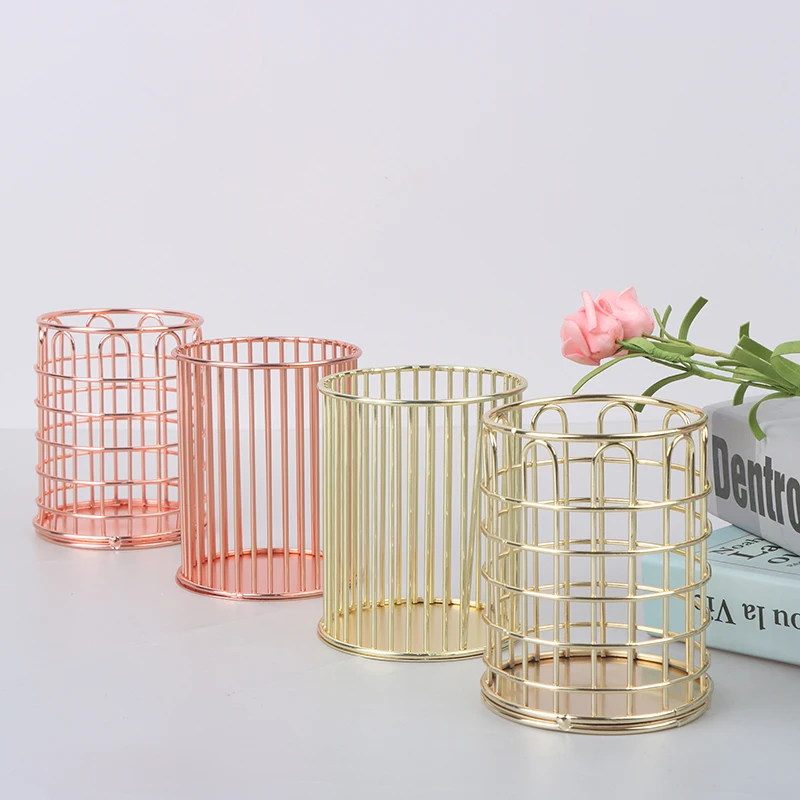 Desktop Pen Holder Rose Gold Box Desk Pen Pencil Organizer Home Decor Makeup Storage Office School Storage Case