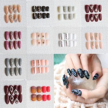 

New fashion handmade crystal diamond candy fake nails short round head 24pcs Multiple colors available