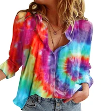 

Spring Autumn Loose Shirt for Women Tie Dye Print Button Tee Casual Ladies Turn-down Collar Long Sleeve Female T Shirt Fashion