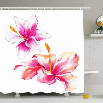 

Shower Curtain Set with Hooks 66x72 Two Retro Watercolor Isolated Exotic Flowers Texture Pretty Hibiscus Lily Textures Closeup