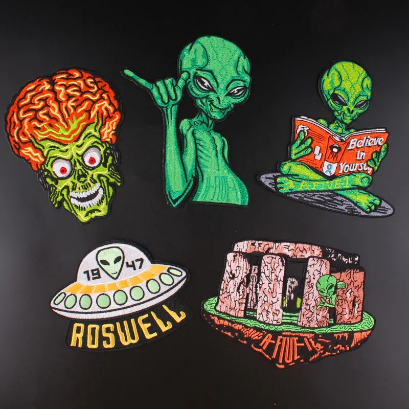 

UFO Alien Patch Iron On Patches For Clothing Space Travel Embroidered Patches I Want To Leave Patches Stripes Fabric Accessories