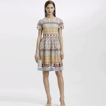 

New 2020 spring summer mesh dress brand designer short sleeve a-line knee length cute geometric embroidery dresses