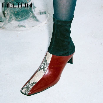 

RIBETRINI 2020 Brand New Lady Square Toe Genuine Leather Ankle Shoes Woman Spring Patchwork Sock Boots Women Med Heel OL Boots