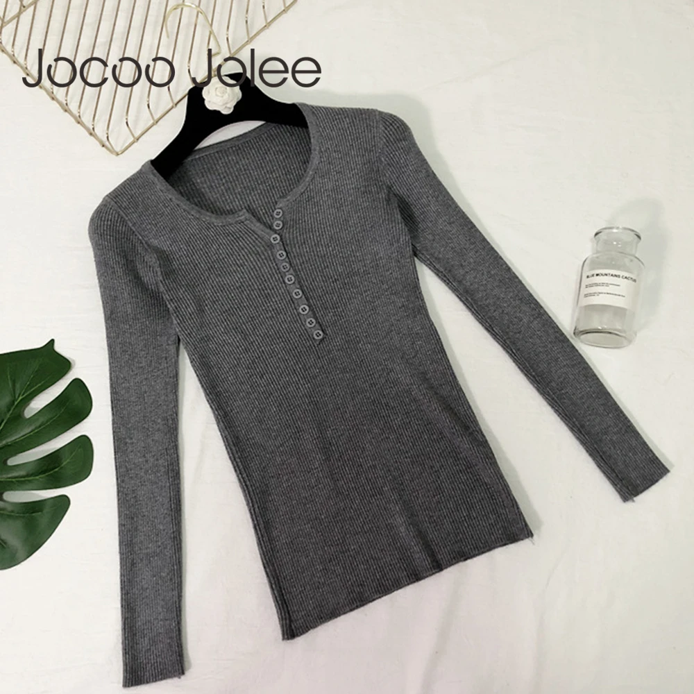 

Jocoo Jolee Women Autumn Winter Chic Button V Neck Basic Slim Knitted Sweater Female Solid Casual Pullover Knit Jumper Tops