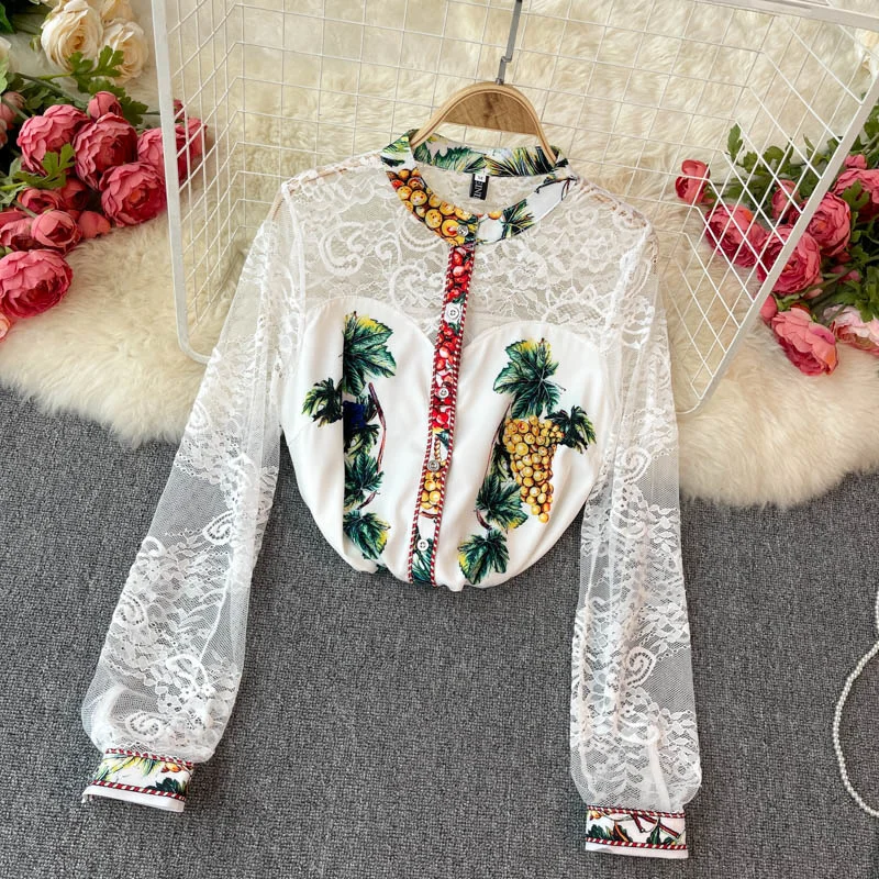 Spring Summer Runway Two Piece Set For Women Designers Fruit Print Lace Shirt And Shorts Suit Party Beach Female Suits Outfit matching workout sets