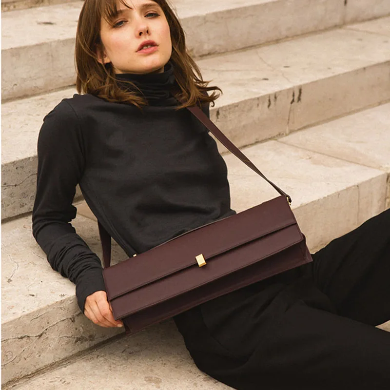 

Simple personality wide shoulder bag for women autumn and winter small design fashion retro long shoulder slant straddle bag
