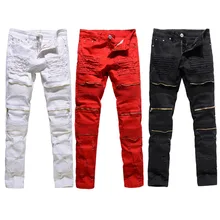 Pantalones vaqueros rasgados elásticos para hombre, Jeans ajustados rotos desgastados, negros, blancos y rojos