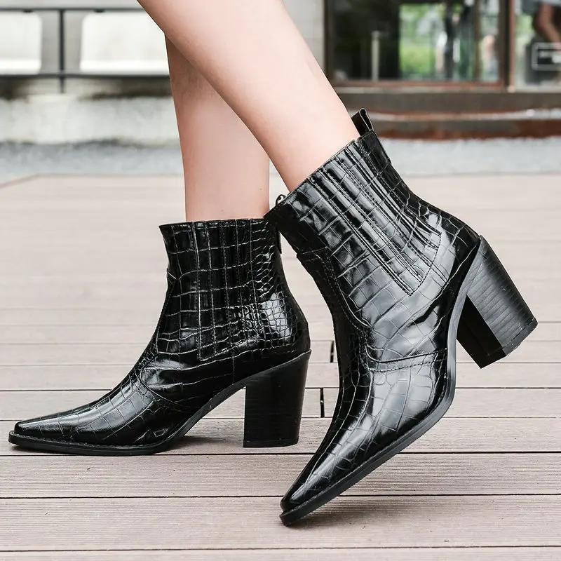 

Women Leather Ankle Boots Square High Heels Short Boots Fashion Square Toe Autumn Winter Chelsea Boots White Black Snake 2019