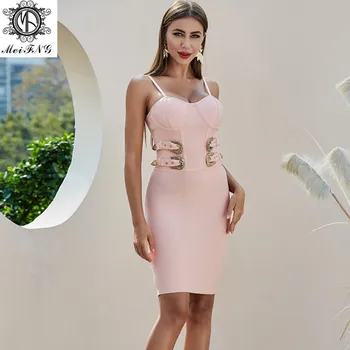 

Imitation Belt Design Dress Ladies Sling Pink Tight Short Knit Dress Bandage Dress