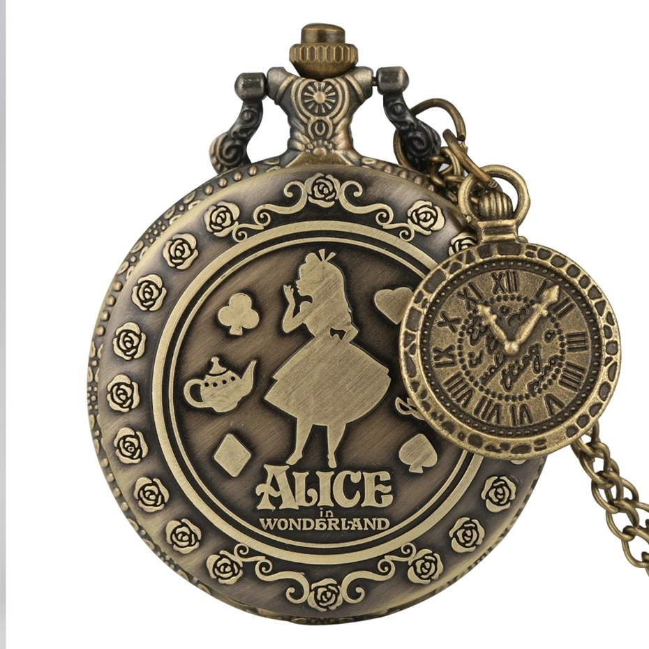 Retro Alice in Wonderland Theme Bronze Lovely Princess Quartz Pocket Watches Rabbit Carousel  Vintage Fob Watches with Accessory