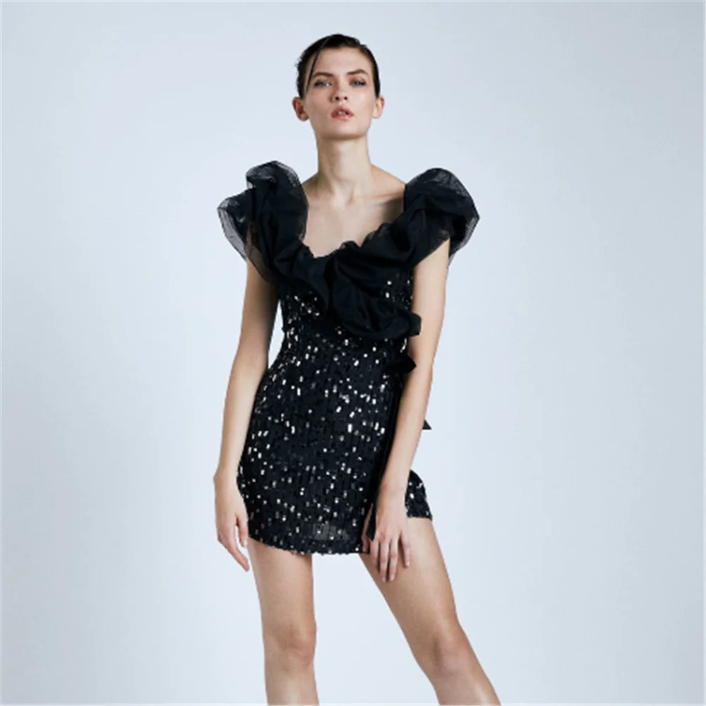 2020 ZA Spring New Ladies Black Dress Fashion Beaded Splicing Boho Women's Sexy V-Neck Sleeveless Party Gift | Женская одежда
