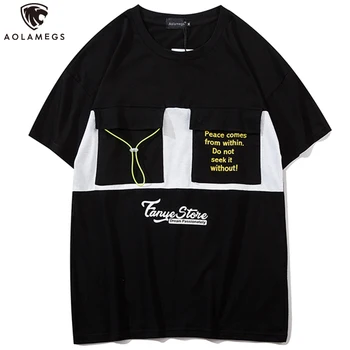 

Aolamegs T Shirt Men Patchwork Color Drawstring Letter Printed Men's Tee Shirts O-neck Casual Short Sleeve Summer Streetwear men