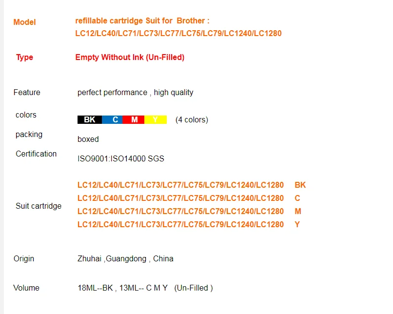 Refillable Ink Cartridges LC12 LC40 LC71 LC73 LC75 LC400 LC1220 LC1240 Suit For