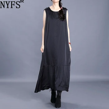 

NYFS Women's Jersey Sleeveless Silk Dress Vintage Solid Women long Dress Vestidos Robe Elbise