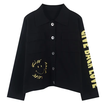 

Runway Embroidery Letters Knitted Cardigan Single Breasted Coat Female Pocket Jumper Autumn Winter Women Sweater Tops Oversized