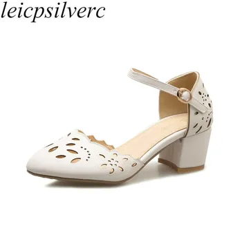 

Women Pumps Shoes Med Heel Pu Round Toe Hollow Buckle Mary Jane 2019 Spring Autumn New Sexy Fashion Sweet Casual Office White