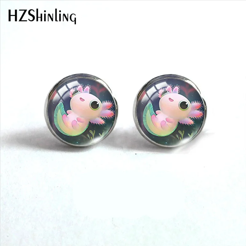 

2021 New Axolotl Stud Earring Cute Animal Round Earrings Handmade Glass Dome Photo Printed Jewelry Gifts