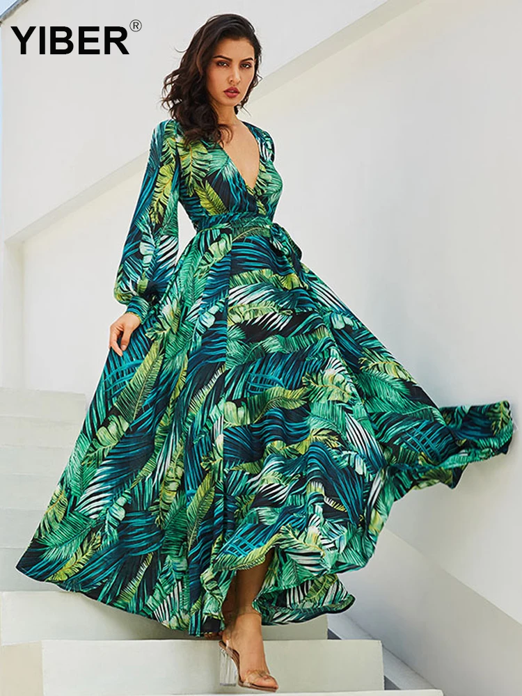 Платье с длинным рукавом зеленый тропический пляж Винтаж Макси платья V средства
