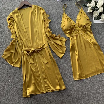 

2020 Women sexy lace silk robe & gown set sleep dress+bathrobe two piece 5 color robe bridesmaid wedding sleepwear