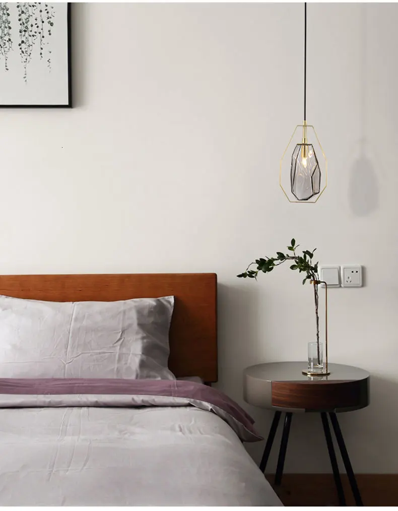 Modern irregular design amber glass single pendant lamp simple restaurant bedside decoration LED lighting polygon hanging lamp
