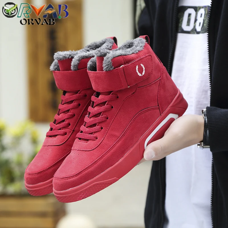 Men Shoes Fashion Warm Velvet Winter Men Boots High Top Sneakers Black
Red Men Casual Shoes Snow Boots Non-slip Leather Boots