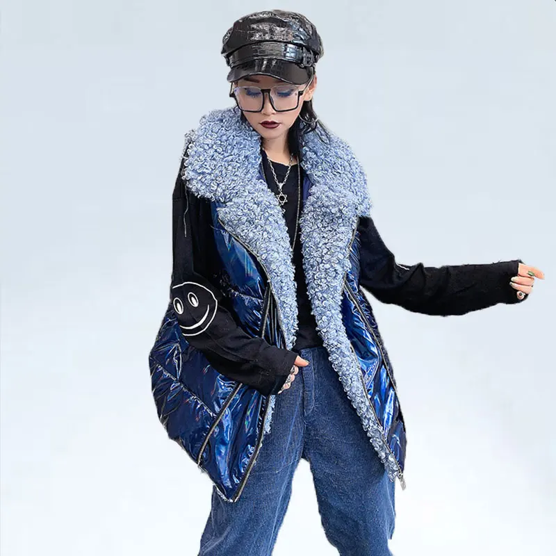 Для женщин жилет, Распродажа зима высокой уличной моды женские Футуристический дизайн Стильный серебряный»: куртка, жилет для девочек, платье без рукавов с ягненка меховой воротник