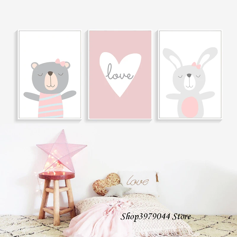 

Cute Cartoon Poster Animal Bear Canvas Painting Pink Rabbit Art Print Wall Picture Nordic Baby Room Decoration Home Unframed