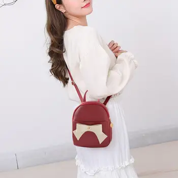 

Bowknot Small Backpacks PU Leather Casual Zipper Shoulder Bags Women Mini Cute Multi-function Earphone Hole Crossbody Bags