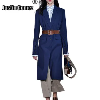 

Fashion Classic Solid Navy Knee Length V Neck Women's Long Coat Office Wear WIth Belt Trench Coats Suit Collar Pocket Windswear