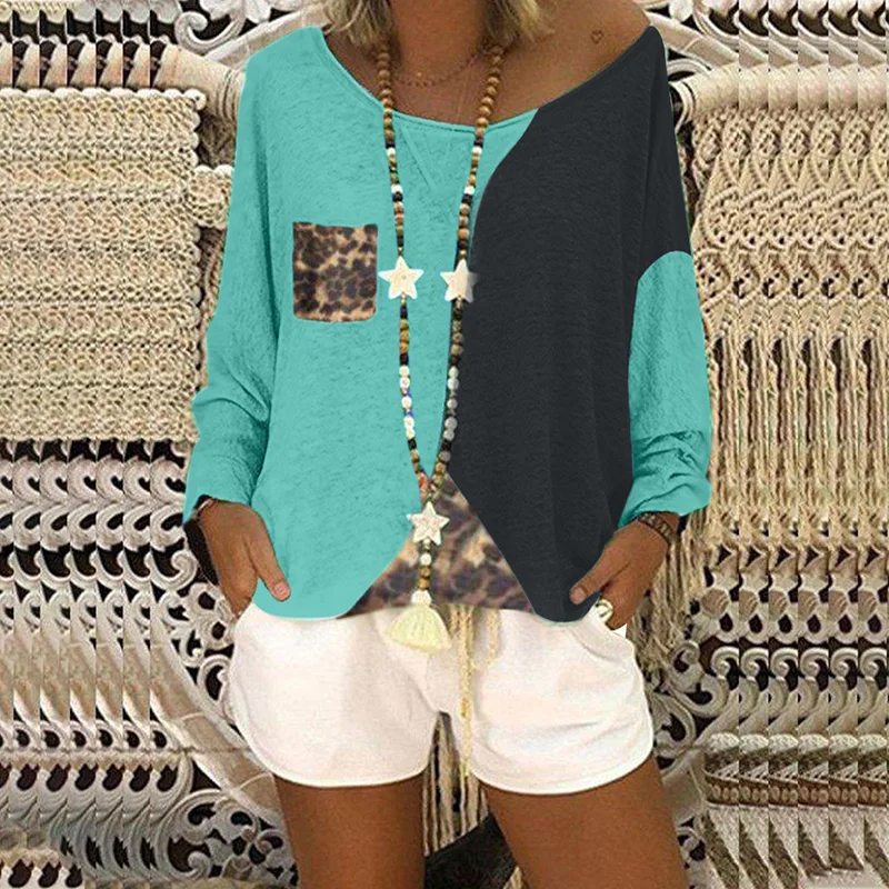 

Hot Women Long Sleeve Round Collar Color Patchwork T-shirt Tee Top for Beach Holiday CGU 88