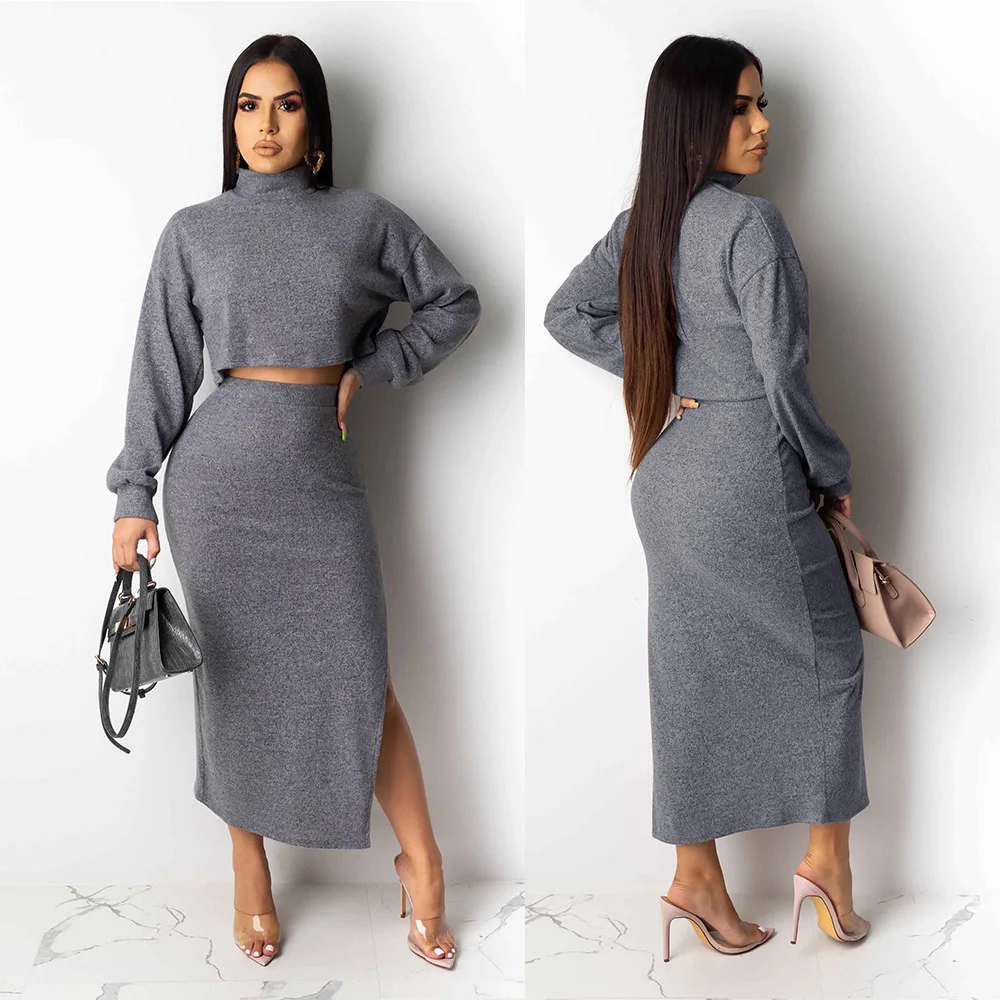 

ChocoMist Two-piece Elegent Solid Turtleneck Women Skirt Set K8872