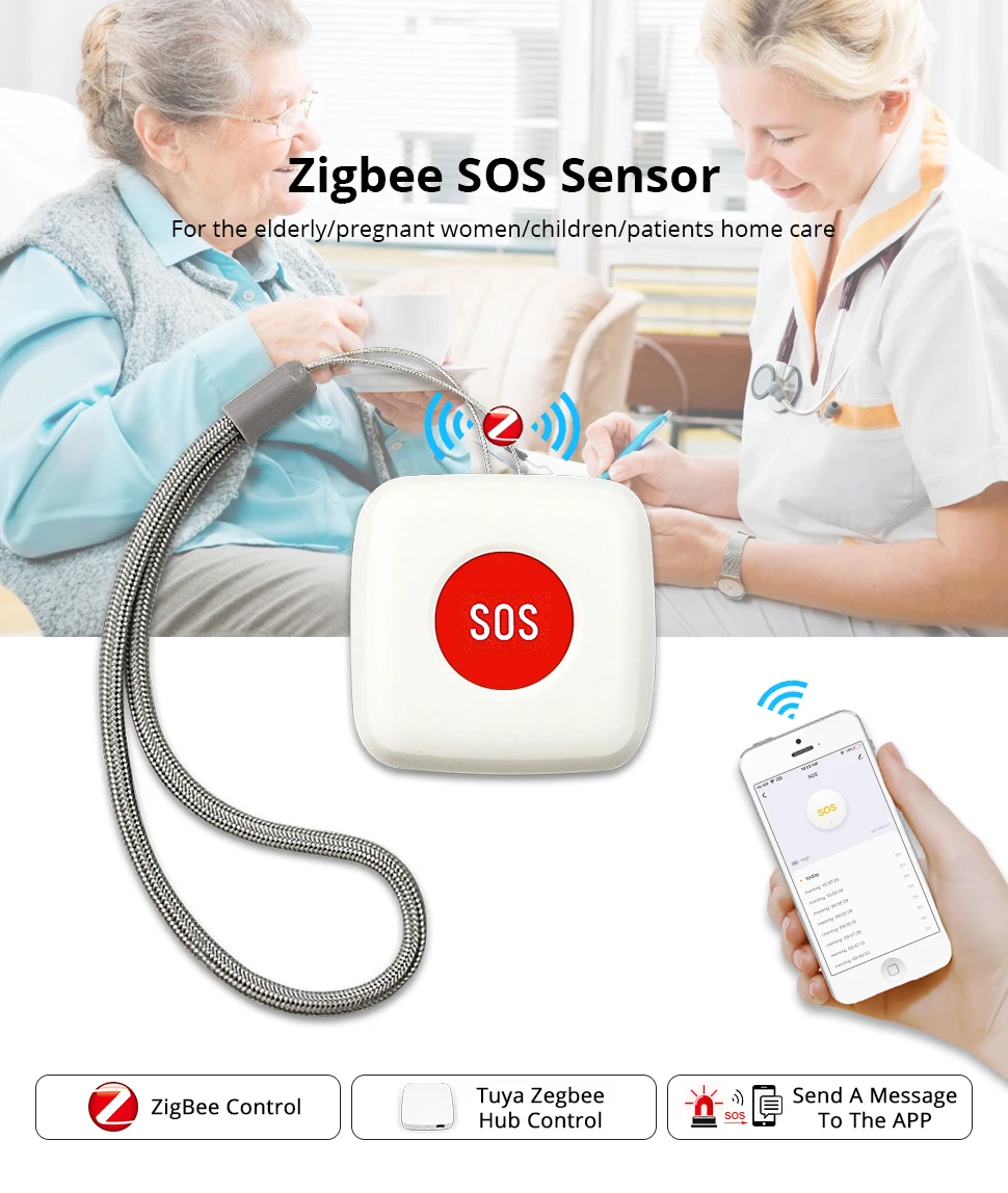 TUYA ZigBee SOS Button Sensor Alarm Elderly alarm Waterproof Emergency Help Alarm Switch Work with Tuya Zigbee hub Smartlife App