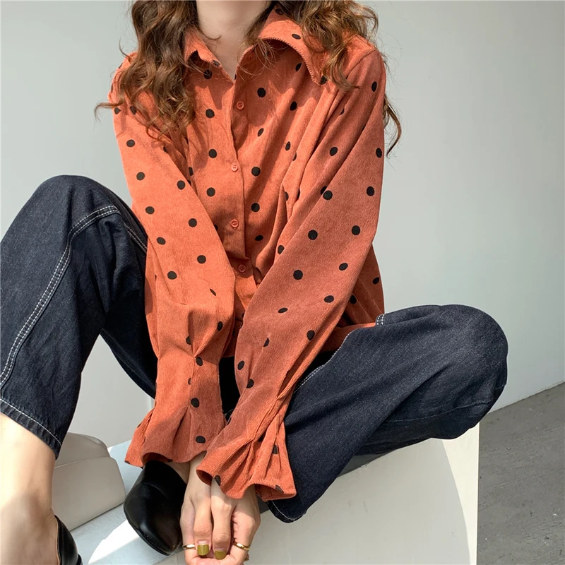 incredible Korea Winter Jacket Women 2019 Autumn New Lapel Loose Single-Breasted Corduroy Polka Dot Long Sleev