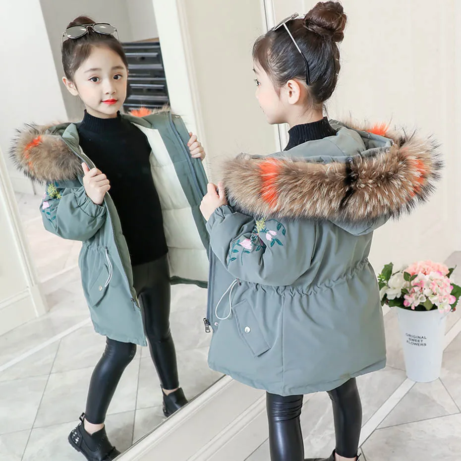 Пальто для девочек; яркие парки с меховым воротником для девочек; детская верхняя одежда с вышивкой для девочек; плотная теплая зимняя одежда для девочек; Рождественский подарок - Цвет: AS PICTURE