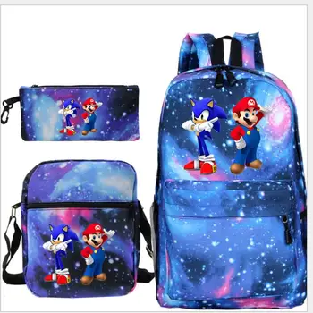 

3 PCS/set Mochila Notebook Sonic Super Mario Backpack Plecak Pencil Case Schoolbag Anime Travel for Teenage Girls Sac A Dos
