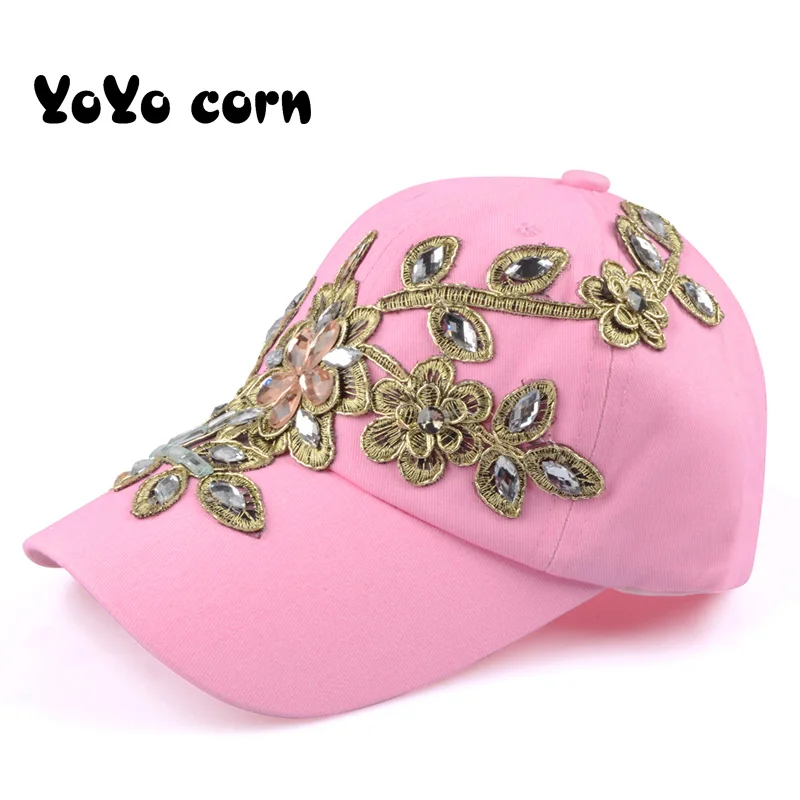YOYOCORN бейсбольная кепка с цветком, парусиновая Кепка Snapback s для женщин, женская кепка, Высококачественная джинсовая кепка со стразами - Цвет: Pink