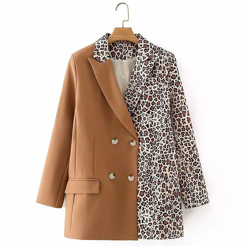 

Autumn New Loose Leopard Spliced Blazer Jacket Women Long Sleeve Loose Double Breasted Coats OL Lady Fashion Streetwear 2020