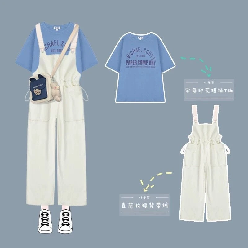 2022 Summer Casual Suit Women Student Preppy Korean Harajuku Letter Short-sleeved T-shirt + Waist Straight Rompers Two-piece Set plus size pant suits for weddings