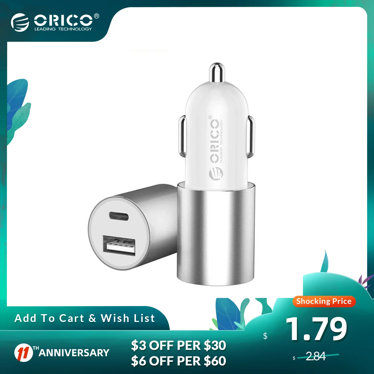 ORICO 15.5W 3.1A Car Charger Dual USB Type-C Fast Charging Universal Mobile Phone Charger Adapter For Samsung Huawei Xiaomi