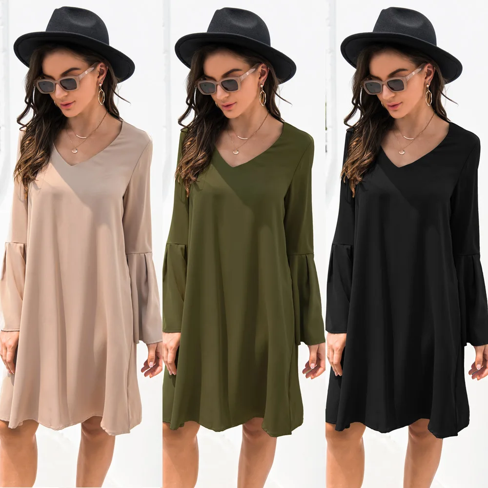 

Maternity Solid Dress Autumn V-neck Flared Sleeve Pregnancy Clothes Elegant Dress Pure Color Casual Premama Clothing Vestido