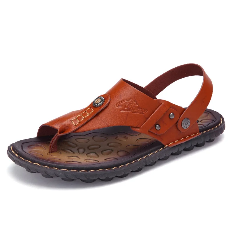 

Summer Men Slides Cowhide Genuine Leather Slippers Wear-Resistant Drag Anti-slip Slides Beach Shoes