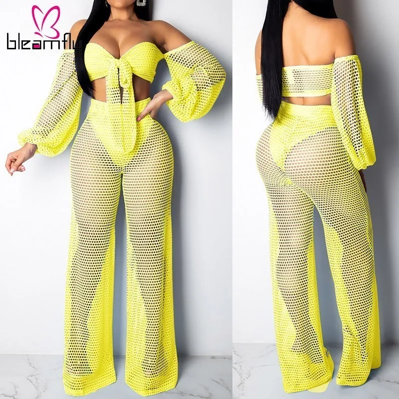 

7 Colors Plus Size Sexy Fishnet Summer Beach Two Piece Set Front Tie Off Shoulder Lantern Sleeve Crop Top + Wide Leg Pants