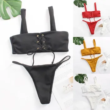 

Women sexy Pure color Bandage Tube up Two Pieces Bikini Push-Up Swimsuit Swimwear Beachwear micro bikini maio feminino praia