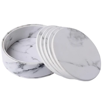 

6 Pcs Coasters Marble Pu Leather Round Heat Insulation Table Placemat Drink Coasters Cup Mats For Home Table Kitchen Decor