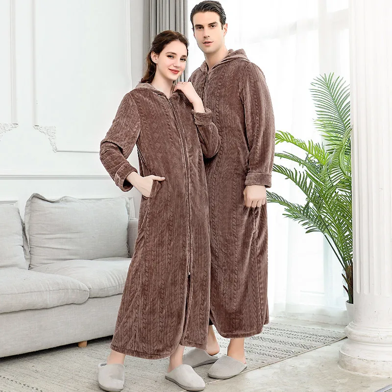 Men Women Extra Long Winter Warm Nightgown Plus Size Pregnant Zipper Sleepshirts Luxury Soft Grid Flannel Thermal Dressing Gown