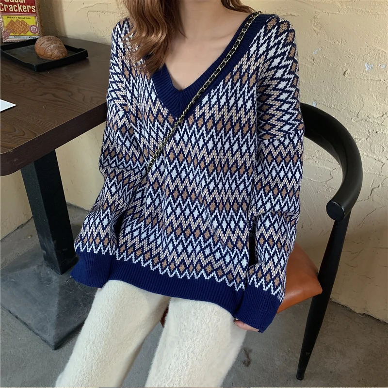Winter Sweater Women's Plaid Sweater 2020 Spring Fashion Korean Loose V-neck Sweater Autumn Winter Knitted Pullover  Women