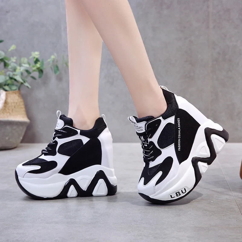 

super high heels chunky sneakers women autumn thick bottom height increasing casual shoes woman mesh platform Vulcanize